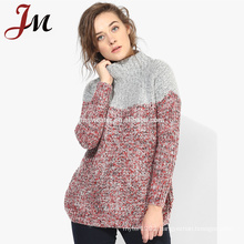 Latest design contrasting red and grey color turtleneck warm angora women winter pullover sweaters